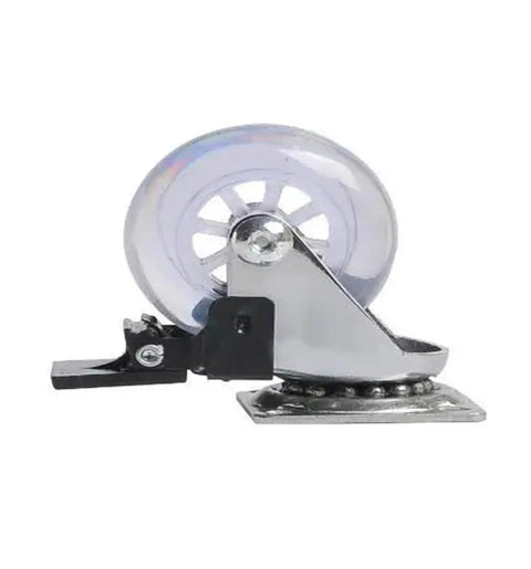 4 Pack 3 Inch PU Transparent Crystal Wheel Casters With Brakes For Furniture And Cabinets, side view showing brake mechanism.