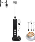 Rechargeable Milk Frother Handheld With 3 Detachable Stainless Whisks 3 Speed Adjustable Drink Mixer Mini Frother Wand For Coffee Matcha Protein Shakes With Charging Base And Whisk Storage shown with USB cable, whisks, and latte.