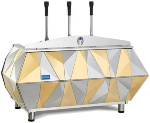 Three Group Lever Espresso Machine In Gold Finish with Piston Lever Operation and Dual Pivoting Steam Wands