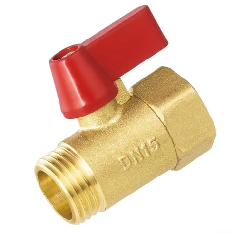 Solid Brass 1/2 Inch Full Port Ball Valve For No Sweat Water Control And Heavy Duty Plumbing Or Garden Hose Lines With Rust Proof Build and Smooth Ergonomic Red Handle Operation from side view.