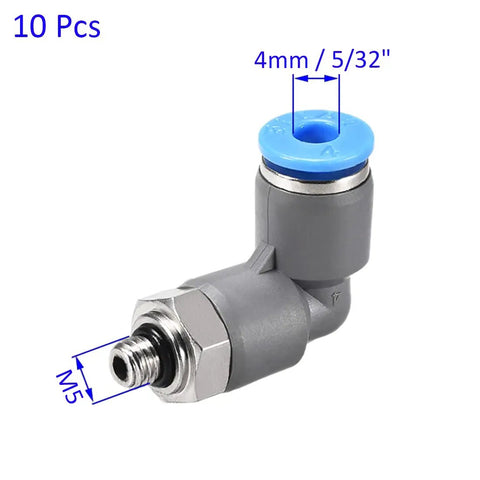 Close-up of 10 Pack Elbow Push To Connect Air Fittings showing 4mm OD to M5 male thread, grey plastic and nickel plated brass for pneumatic systems.