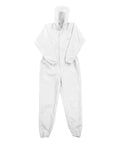 Grab This Legit Heavy Duty Anti Static Lab Coat Coverall Tailored For Electronics Manufacturing And Chemical Handling Featuring An Elastic Cuff Hooded Jumpsuit Unisex White Work Rig, 4XL size, with hood and elastic cuffs.