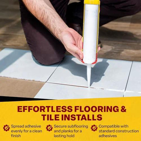 Dripless CR400 contractor caulk gun applying white sealant to tiled floor; yellow-cap cartridge.