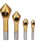 Closeup of four Badass 10mm Deburring And Countersink Drill Bits Made From High Speed Steel with gold finish.