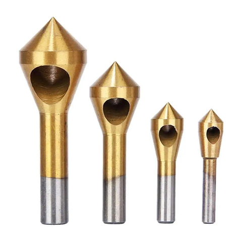 Closeup of four Badass 10mm Deburring And Countersink Drill Bits Made From High Speed Steel with gold finish.