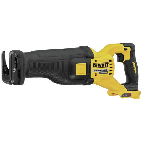 Heavy Hitter 60v Max Cordless Reciprocating Saw with quick clamp, side view showcasing tool design and handle grip.