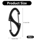 20 Pack Heavy Duty Zipper Clips Anti Theft Carabiner Clips showing size dimensions in zinc alloy construction