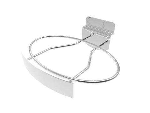 Front view of Two Pack Slatwall Metal Display Racks for Shoes and Cups, 9.5x4.5 inches, with signage area, mounted on slatwall.