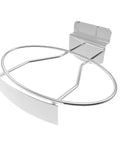 Front view of Two Pack Slatwall Metal Display Racks For Shoes And Cups Featured Product Stand Nine And A Half Inch Long By Four And A Half Inch Deep Durable Retail Display Stand With Signage Area For Promotions And New Arrivals