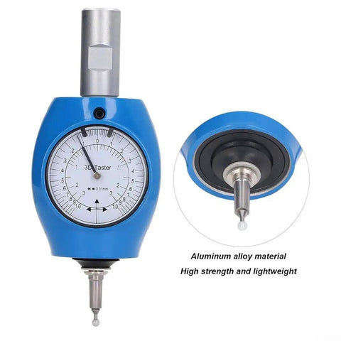 3D Edge Finder With 0.01mm Precision For CNC Milling And EDM XYZ Axis Detector, blue aluminum alloy body and dial close-up