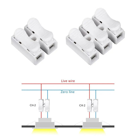 High Conductivity Quick Connect Terminal Block No Tools Needed For Instant Cable Wiring Heat Resistant Spring Clamp Terminal Durable Insulation Corrosion Resistant Conductors For Safe Electrical Run, shown from top and wiring diagram view.