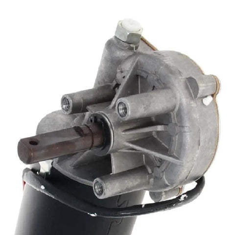 Close-up of DC 12V 40RPM Reversible Worm Geared Motor With High Torque Gear Box Reduction Right Shaft GW7085 metal casing and shaft