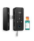 Straight Up Tuya WiFi Smart Fingerprint Lock For Wooden And Glass Doors With App Remote Control showing keypad and smartphone app.