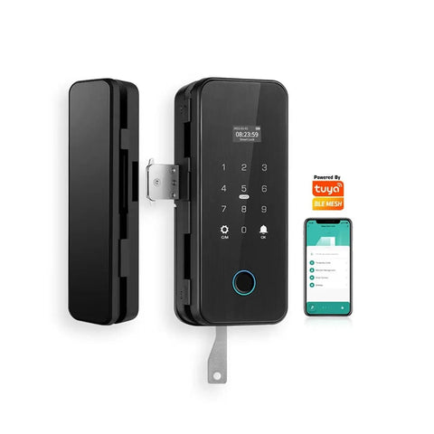 Straight Up Tuya WiFi Smart Fingerprint Lock For Wooden And Glass Doors With App Remote Control showing keypad and smartphone app.
