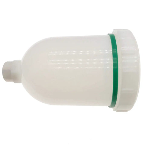 Heavy Duty 300ml Plastic Spray Airbrush Pot With Threaded Fitting For HVLP Gravity Fed Mini Paint Guns And Pneumatic Tools viewed from the side.