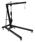 Heavy Duty Folding Engine Hoist Crane With Six Durable Caster Wheels And Adjustable Hydraulic Lift For Seamless Auto Repair and No Sweat Engine Swapping Shop Beast, black metal with hydraulic mechanism.
