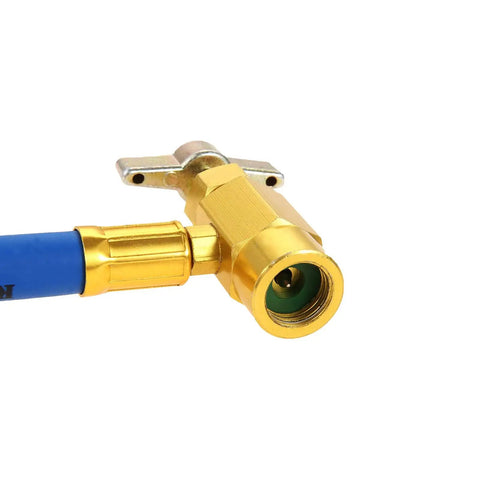Close-up of R134A Car AC Refrigerant Charge Hose Kit With One-Half-Inch Acme Can Tap Piercing Valve for vehicle air conditioning.