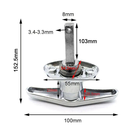 Zinc Alloy T Handle Lock With Rear Fix, Keyed Differ For Caravan RV Trailer Shed And Campervan, Silver, dimensions shown