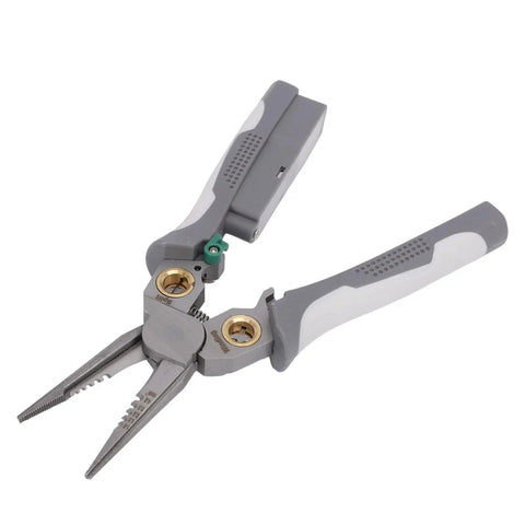 8 In 1 Heavy Duty Wire Stripper Pliers With Integrated Voltage Tester For Electricians Crimping Cutting Twisting And Short Circuit Testing Essential Electrical Tool, gray pliers with rubber grips.