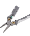 Heavy Duty Eight In One Wire Stripper Pliers With Built In Voltage Tester And Quick Grip Cable Cutter For Automotive And DIY Wiring Jobs, gray handles, stainless steel tips.