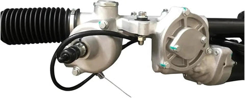 Rock Solid Electric Assist Power Steering Rack And Pinion Assembly Rides Smooth As Butter For Suvs Evs And Pickup Trucks close-up of assembly with steel frame.