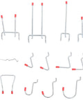 Heavy Duty Pegboard Hooks Set 114-Piece Universal Pegboard Accessories Kit with various red-tipped hooks on display.