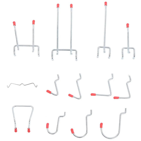 Heavy Duty Pegboard Hooks Set 114-Piece Universal Pegboard Accessories Kit with various red-tipped hooks on display.