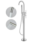Freestanding Bathtub Faucet In Brushed Nickel, Floor Mounted Tub Filler With Handheld Shower, 360 Degree Swivel Spout