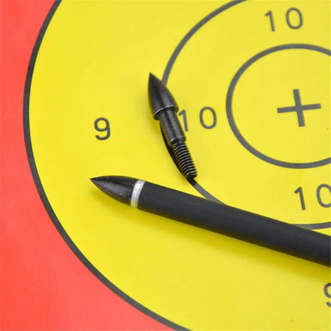 24 Pack Archery Field Points 60 65 75 Grain Screw In on a yellow target for real practice target shooting, durable steel built to last.