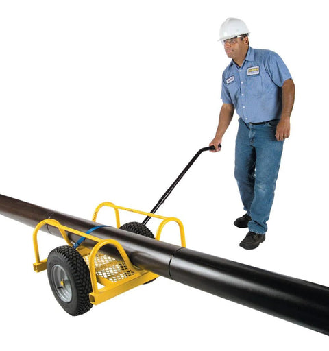 Cricket pipe dolly side view with yellow frame and large wheels moving a long black pipe.