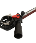 Heavy Duty Belt Sander Adapter For Angle Grinder featuring five eighth inch thread, adjustable red lever, and sanding belt.