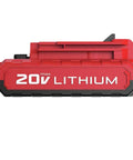 Top Shelf 20V Max Cordless Drill And Reciprocating Saw Combo Kit With High Speed Drive And All Metal Gearbox For Handy Folks Who Want Reliable Kick Ass Power With Zero Cord Tangles Ever Again - red lithium battery viewed from the side.