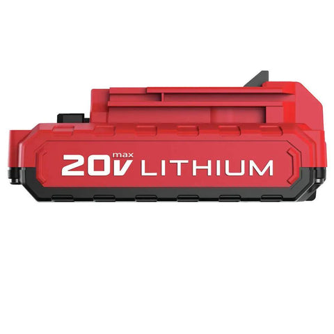 Top Shelf 20V Max Cordless Drill And Reciprocating Saw Combo Kit With High Speed Drive And All Metal Gearbox For Handy Folks Who Want Reliable Kick Ass Power With Zero Cord Tangles Ever Again - red lithium battery viewed from the side.