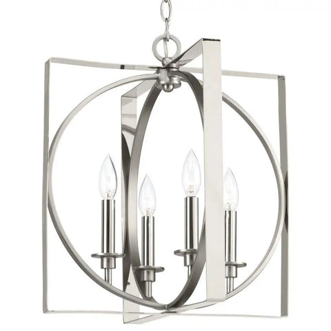 Inman Collection Four-Light Polished Nickel Pendant With Satin Nickel Accents, Modern Geometric Frame, No Shade, 16 In Wide