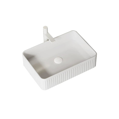 20'' Rectangular Vessel Ceramic Bathroom Sink without Faucet, Striped, White, top view showing smooth surface and elegant design.