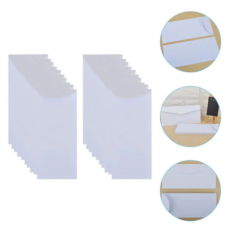 Stacks of 20 pack white paper envelopes for office and party invites thick paper with strong security reusable design shown in detail