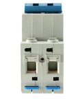 Front view of Two Pole 25A 400V Low Voltage Miniature Circuit Breaker DIN Rail Mount DZ47-63 C25 with fast trip feature.