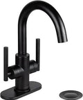Matte Black Two Handle Bathroom Faucet With High Arc Swivel Spout, Single Hole Vanity Tap Includes Pop Up Drain, Deck Plate, Brass Build, Lead-Free and Rust-Resistant Lavatory Faucet