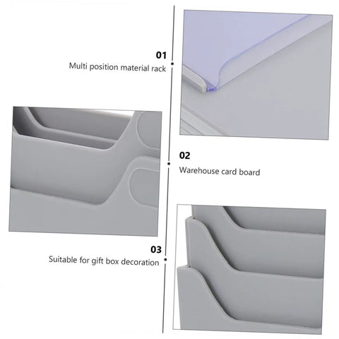 Close-up of Sleek Shelf Document Holder And Label Organizer Rack for Warehouse Supplies and Badges in grey plastic material.