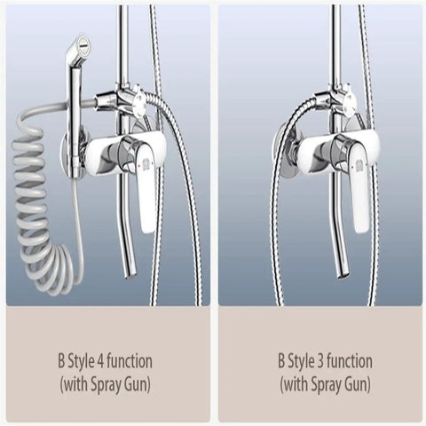 Bathroom Shower System Waterfall Rain Top Spray Lifting And Rotating Set Fixture(E) with spray gun and diverter. Side view.