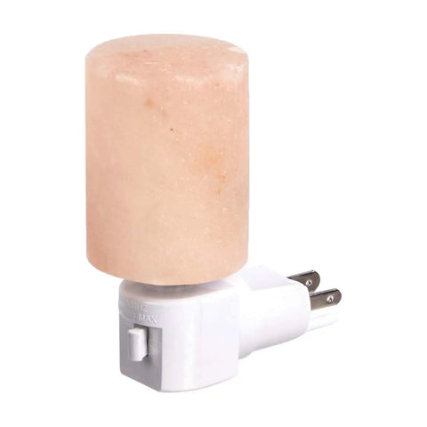 Pink Himalayan Salt Plug-In Night Light in Cylindrical Crystal Shape, 360-Degree Rotating, Waterproof, on white background