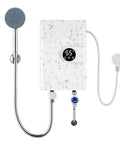 Wall Mounted Tankless Electric Water Heater Delivers Killer Hot Shower Flow With 5500 Watt Output Plus Drip Free Safety Guard, with display and showerhead.