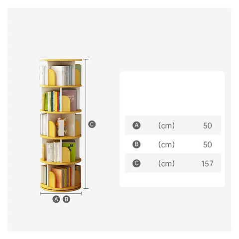 Rotating Book Shelf With 360 Degree Spin No Fuss Multi Level Floor Bookcase For Living Room Or Office, yellow color, dimensions listed