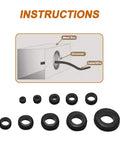 Illustration showing grommet installation; 190Pcs Rubber Grommet Assortment Kit With 9 Sizes Eyelet Ring Gasket for Wiring