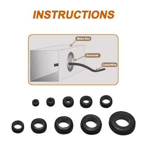 Illustration showing grommet installation; 190Pcs Rubber Grommet Assortment Kit With 9 Sizes Eyelet Ring Gasket for Wiring
