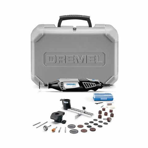 Pro Grade Variable Speed Rotary Tool Kit With 4 Attachments And 34 Accessories, 5,000 To 35,000 RPM, includes case and storage.