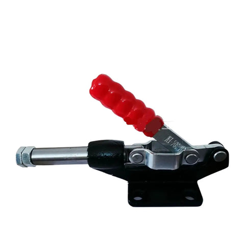 Industrial Grade Toggle Clamp Quick Release Tooling Fixture With Push Pull Lever For Heavy Duty Workholding And No Sweat Setup On Every Solid American Workbench Station, showing red grip lever and metal clamp.