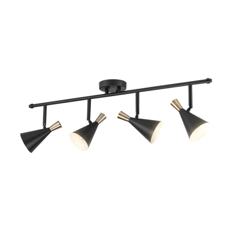 Dope Lofty Industrial Four Light Track Lighting Fixture With Pivoting Heads In Matte Black And Brass Accents, side view