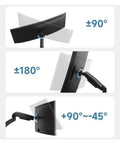 Rock Solid Single Monitor Desk Mount With Smooth Floating Arm Fits Up To 32 Inch Screens showing tilt and swivel angles.