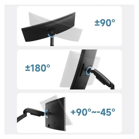 Rock Solid Single Monitor Desk Mount With Smooth Floating Arm Fits Up To 32 Inch Screens showing tilt and swivel angles.